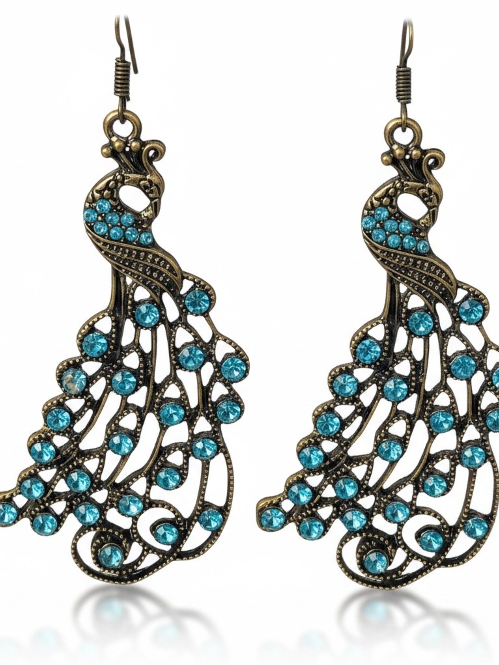 Gold and Aquamarine Peacock Dangle Fashion Earrings